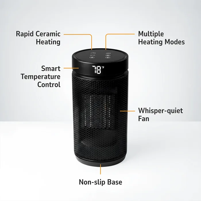 Vital Heat Pro design: rapid ceramic heating, multiple heating modes, smart temperature control, whisper-quiet fan, non-slip base